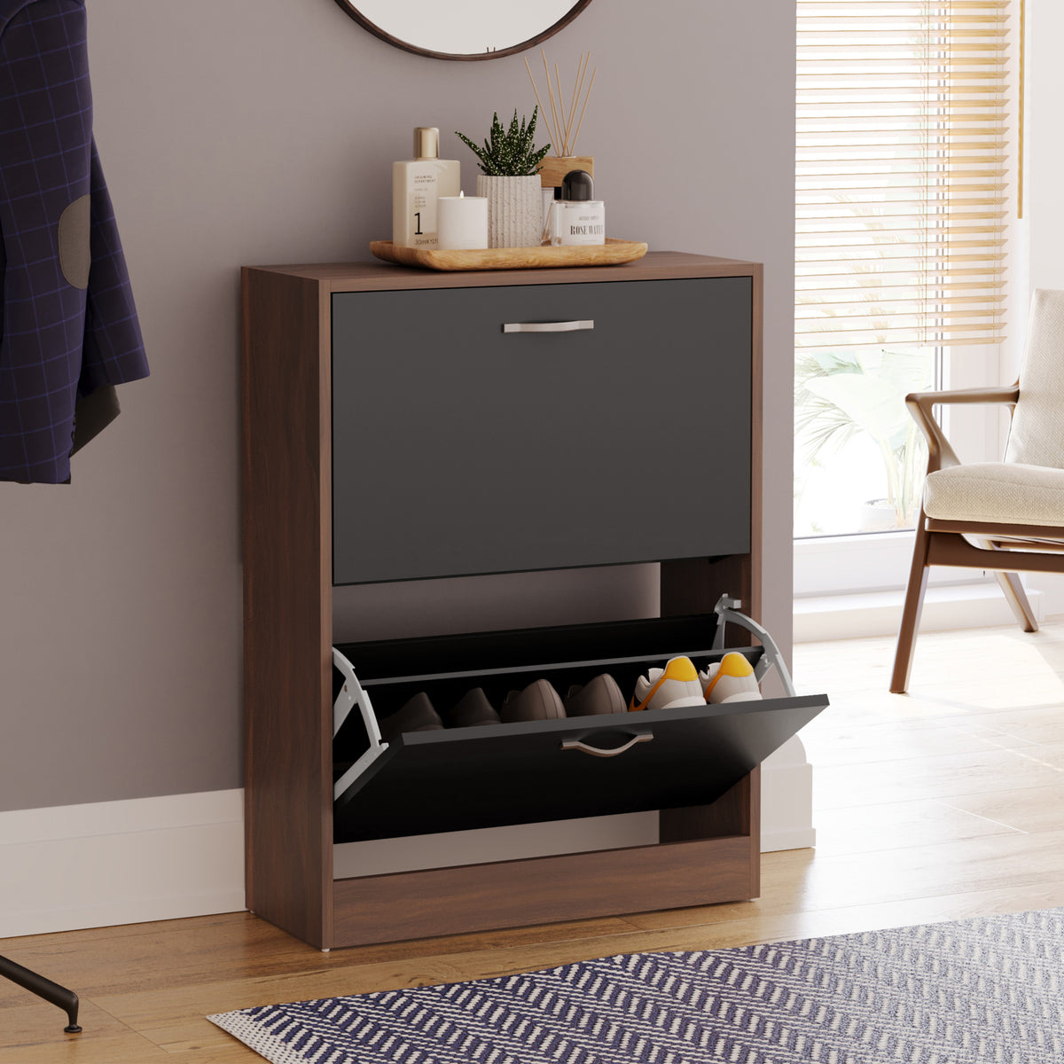2-Drawer Shoe Cabinet, Walnut & Black