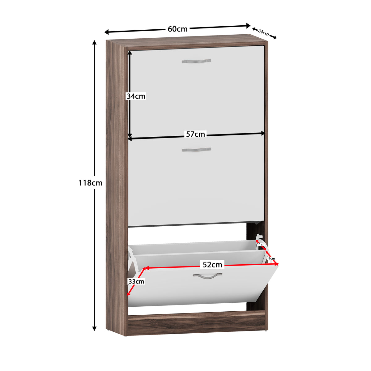 3-Drawer Shoe Cabinet, Walnut & White