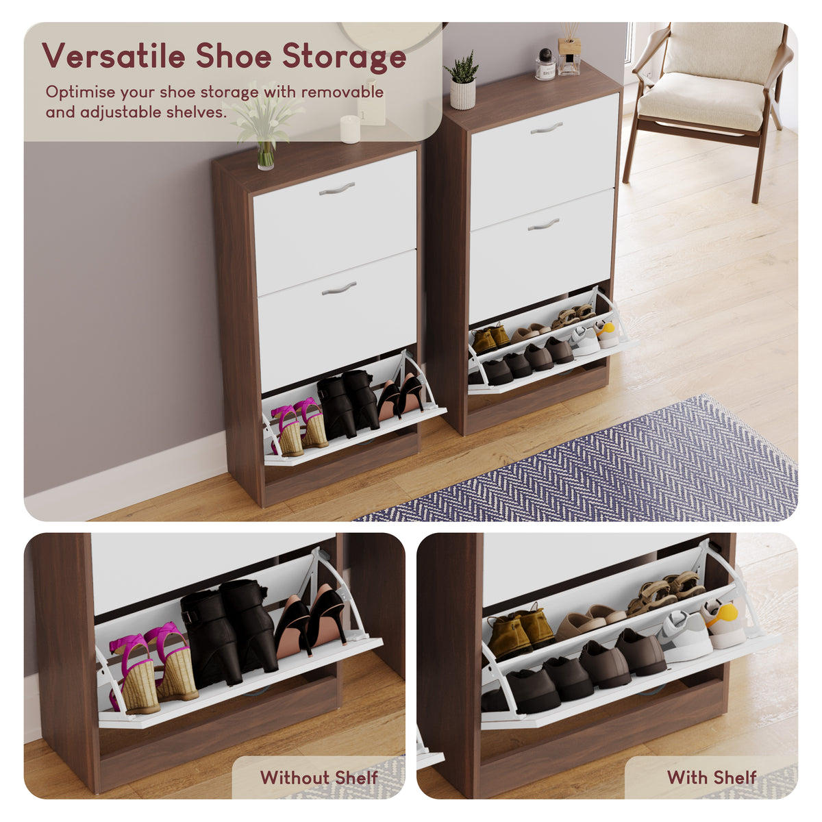 3-Drawer Shoe Cabinet, Walnut & White
