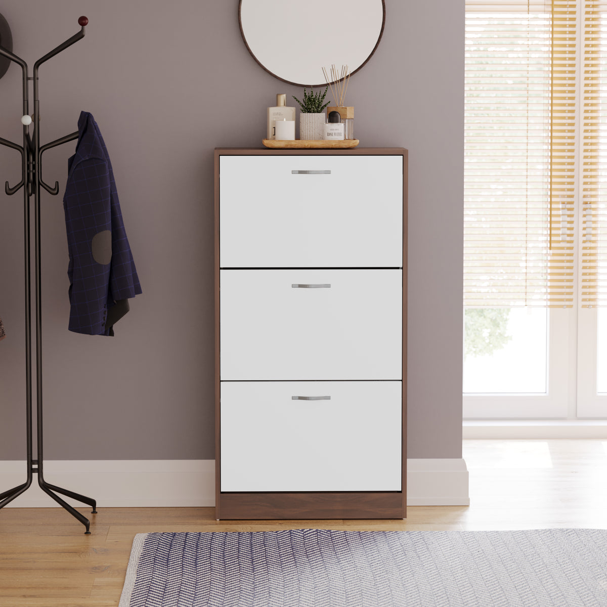 3-Drawer Shoe Cabinet, Walnut & White