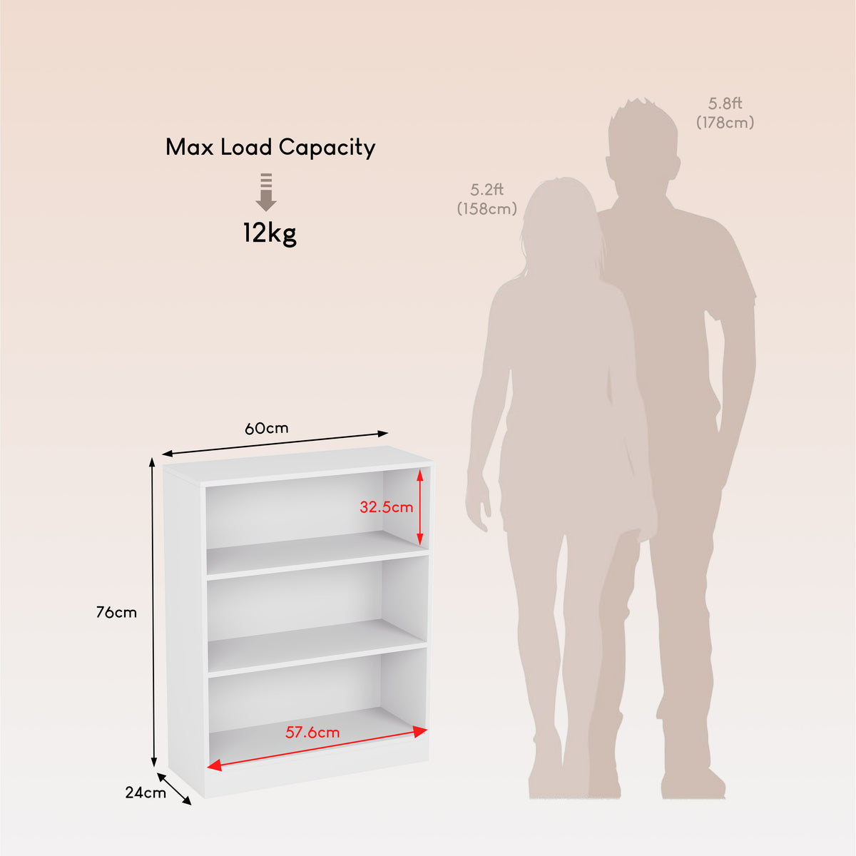 Cambridge 3-Tier Low Bookcase - White