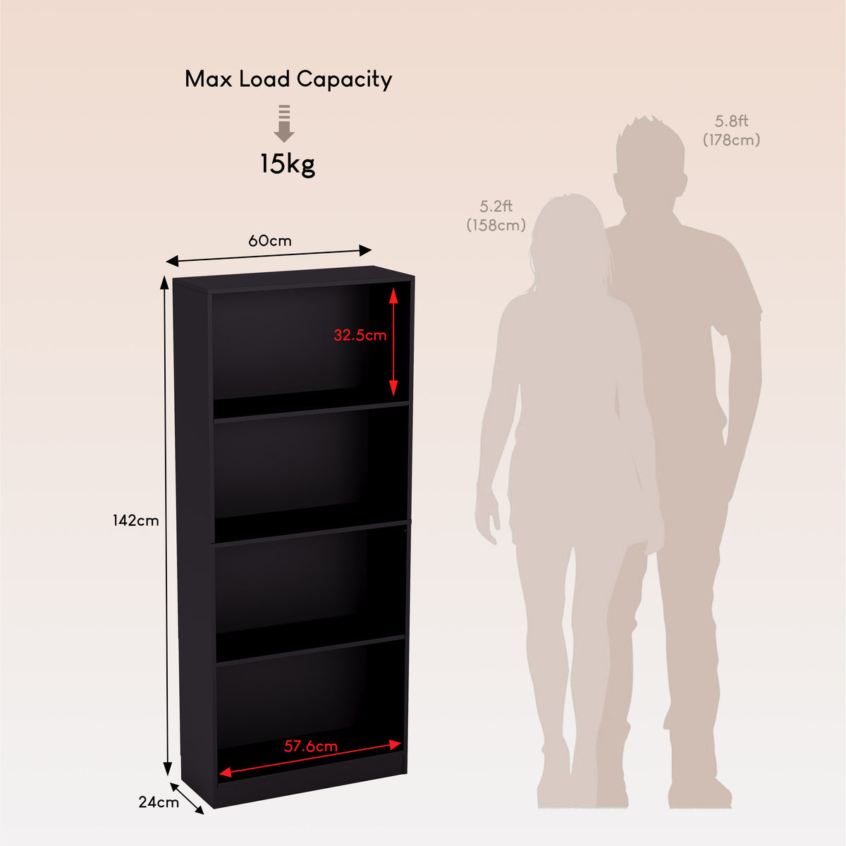 Cambridge 4-Tier Large Bookcase, Black