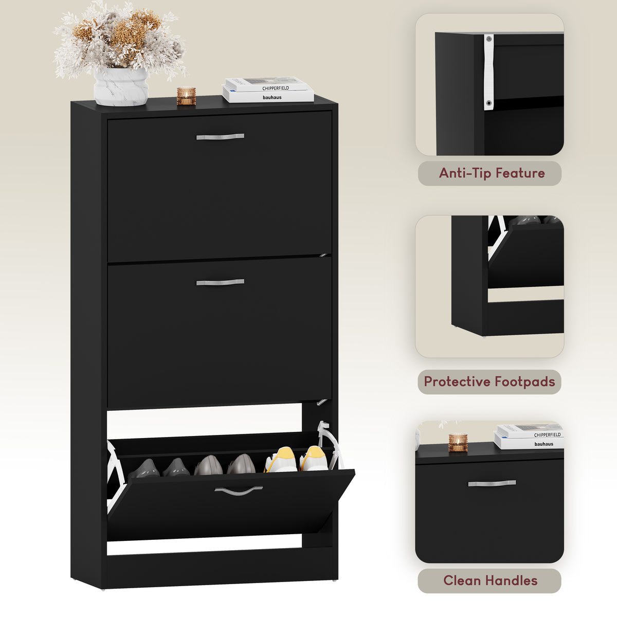 3-Drawer Shoe Cabinet, Black