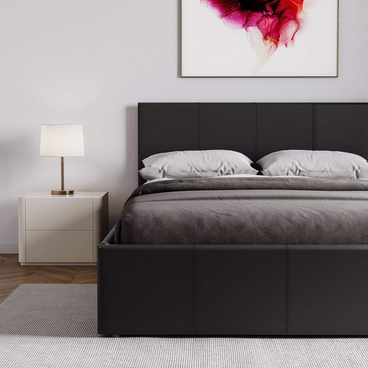 Lisbon Small Double Ottoman Faux Leather Bed, Black UKFR