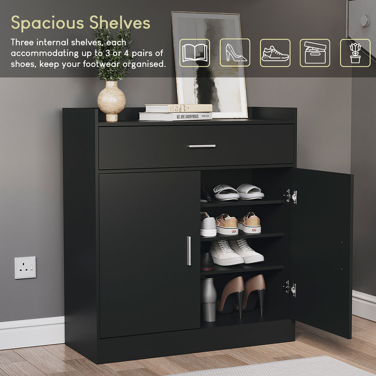Dalby 2-Door 1-Drawer Shoe Cabinet, Black