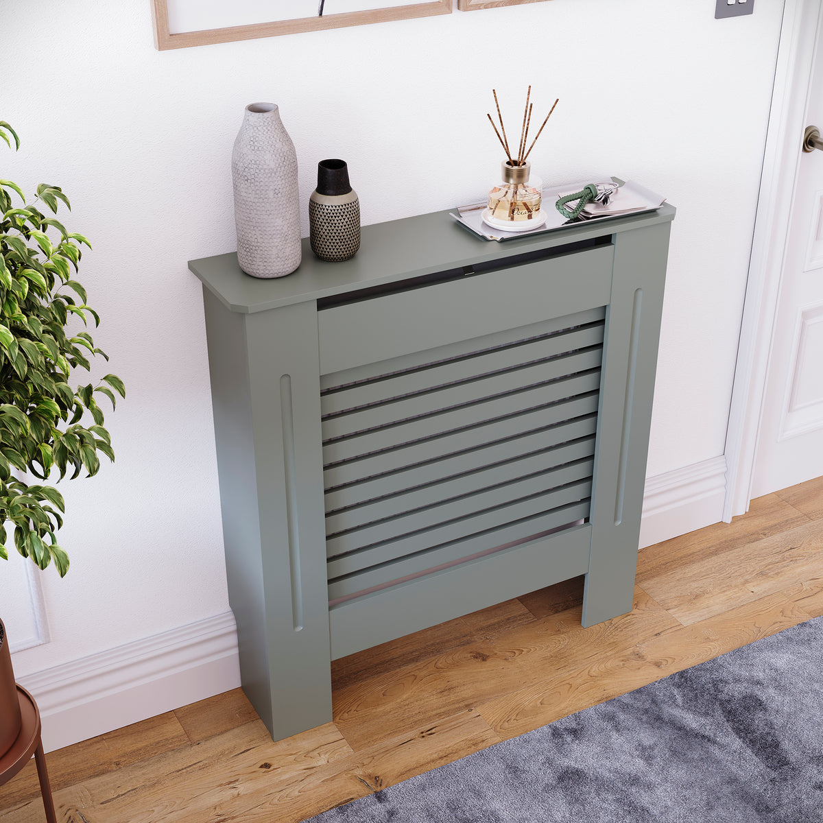 Milton Radiator Cover - Grey, Small, Horizontal Grille Design
