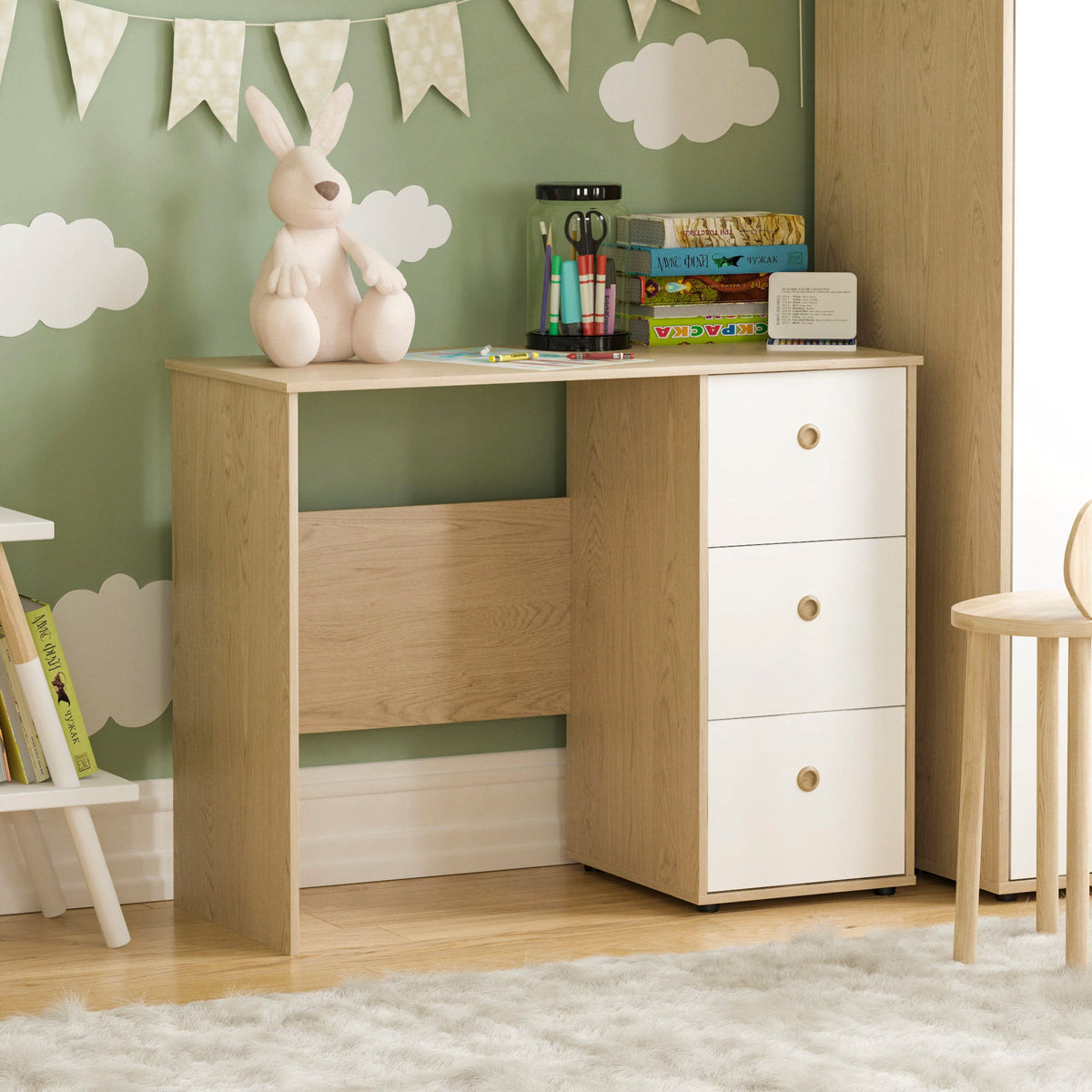 Neptune 3-Drawer Desk - White & Oak