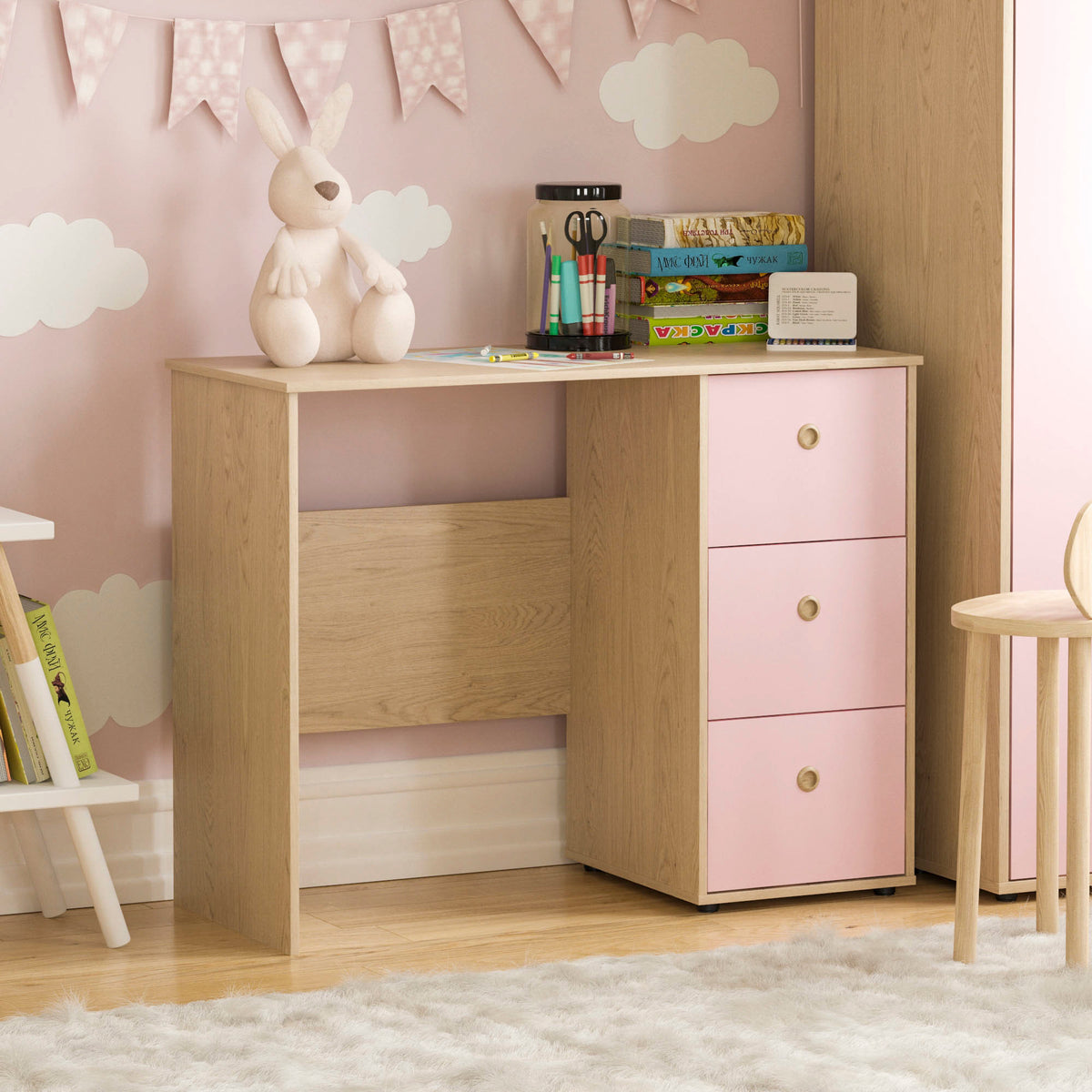 Neptune 3-Drawer Desk - Pink & Oak