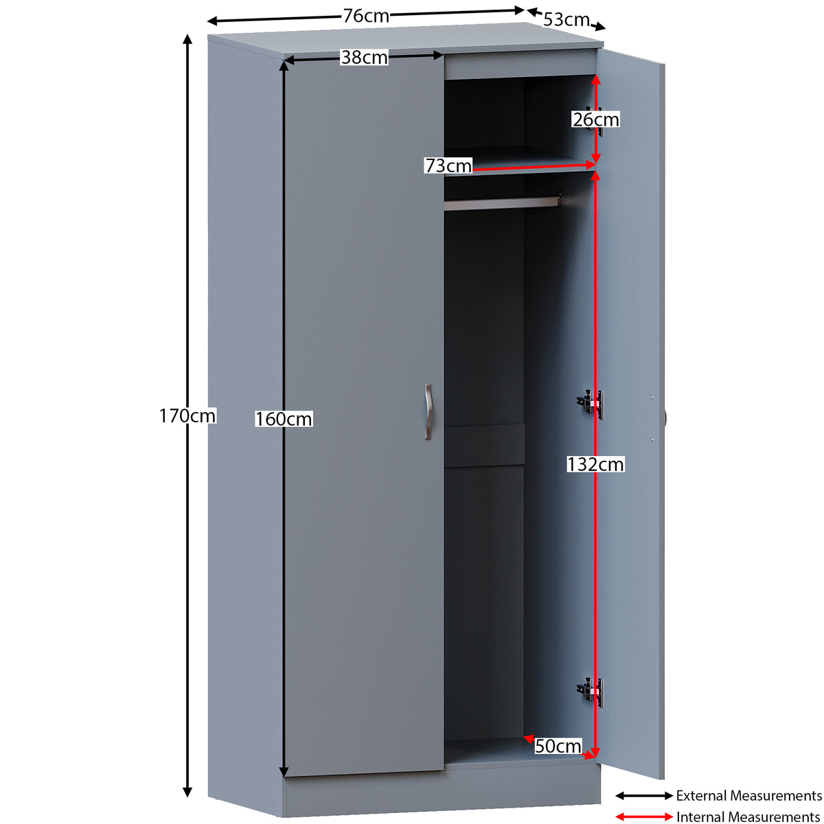 Riano 2 Door Wardrobe for Bedroom Storage - grey