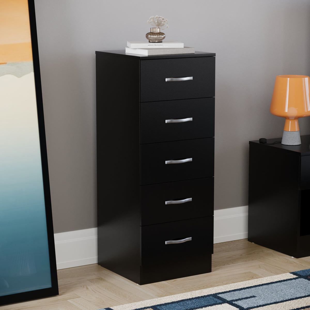Riano 5 Drawer Narrow Chest Black Bedroom Storage Unit