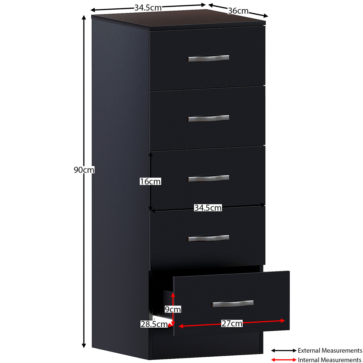 Riano 5 Drawer Narrow Chest Black Bedroom Storage Unit