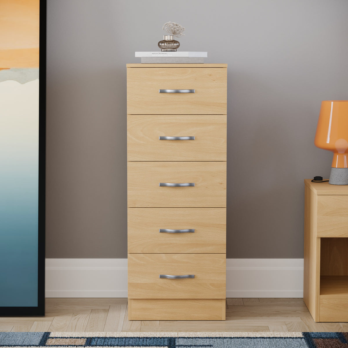 Riano 5 Drawer Narrow Chest Pine Bedroom Storage Unit