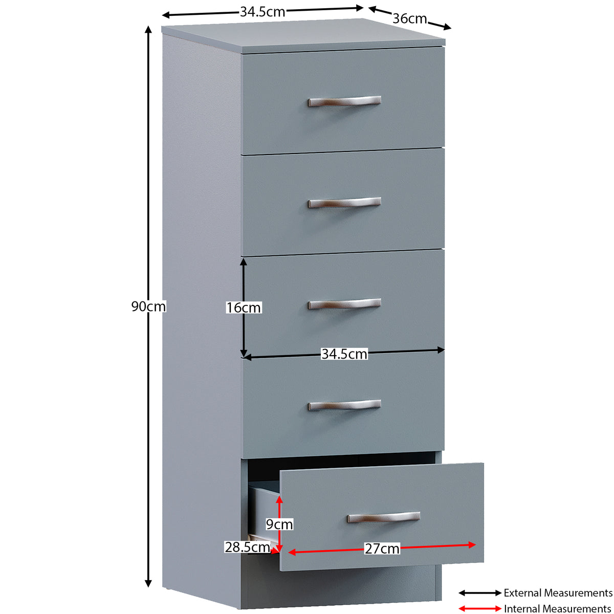Riano 5 Drawer Narrow Chest Grey Bedroom Storage Unit