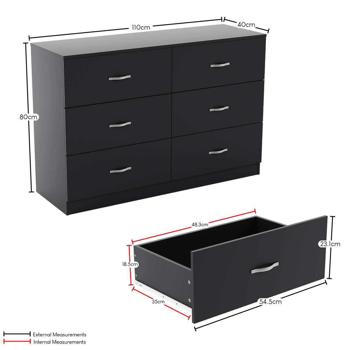 Riano 6 Drawer Chest Black Bedroom Storage Unit