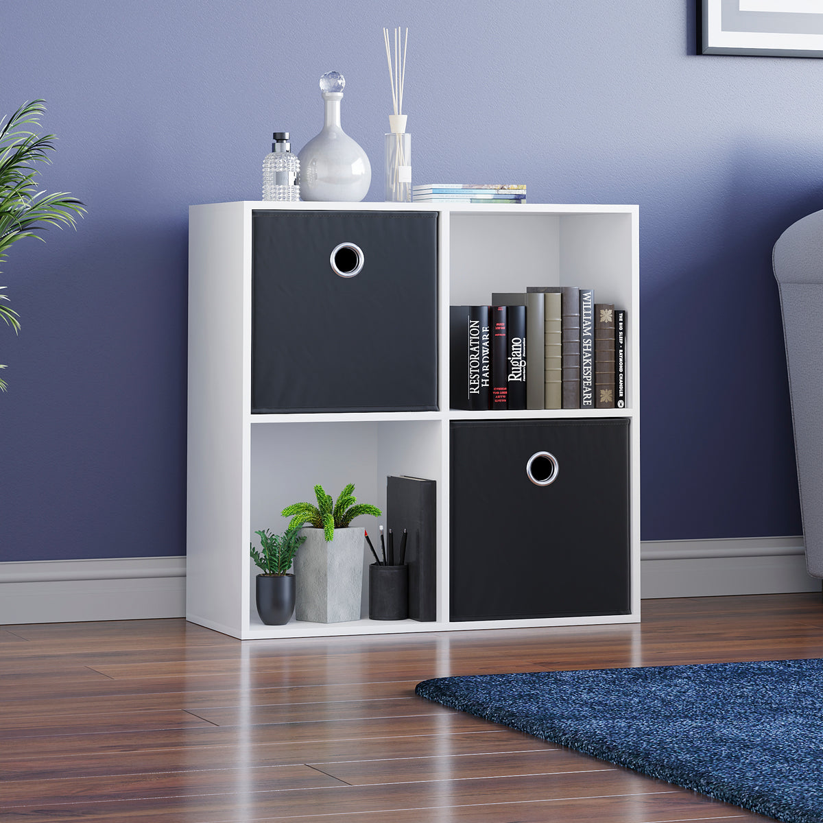 Vida Designs Durham 2x2 Cube Storage Unit, White & Cube Storage Basket, Set of 2, Black