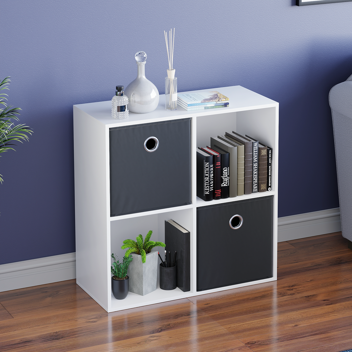 Vida Designs Durham 2x2 Cube Storage Unit, White & Cube Storage Basket, Set of 2, Black