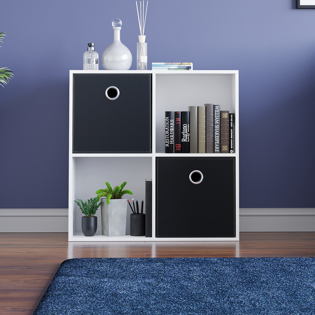 Vida Designs Durham 2x2 Cube Storage Unit, White & Cube Storage Basket, Set of 2, Black