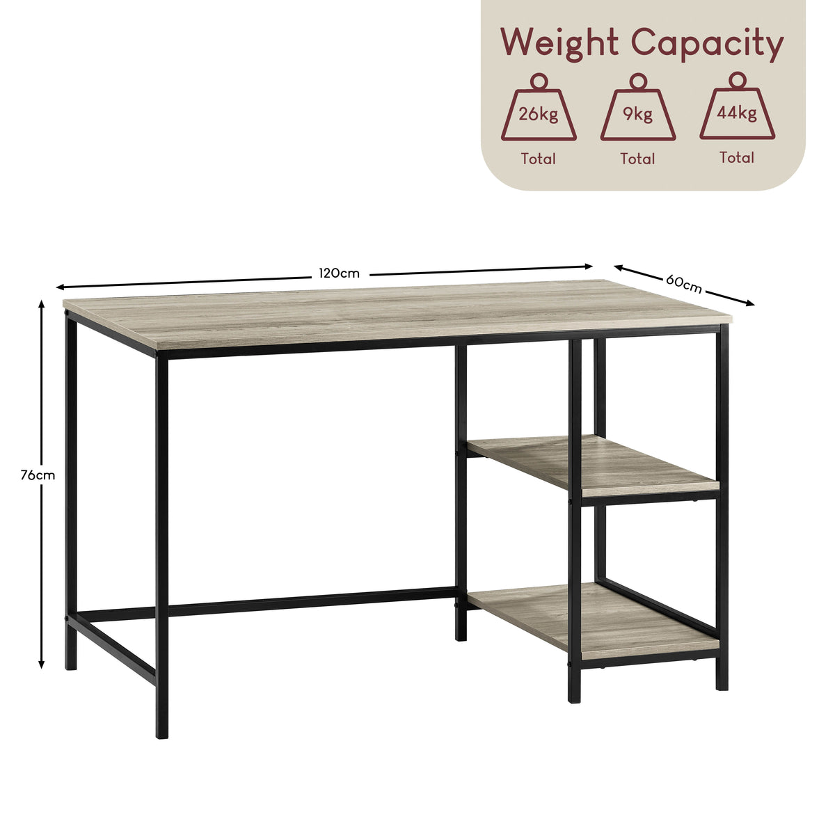 Brooklyn Desk with 2 Shelves - Grey