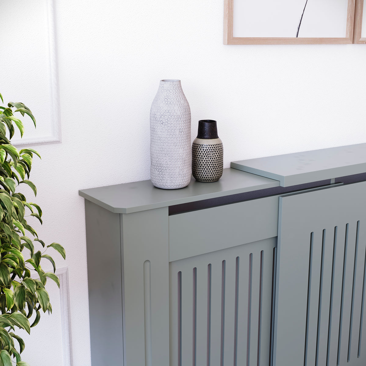 Adjustable Chelsea radiator cover in olive grey with a decorative slatted front.