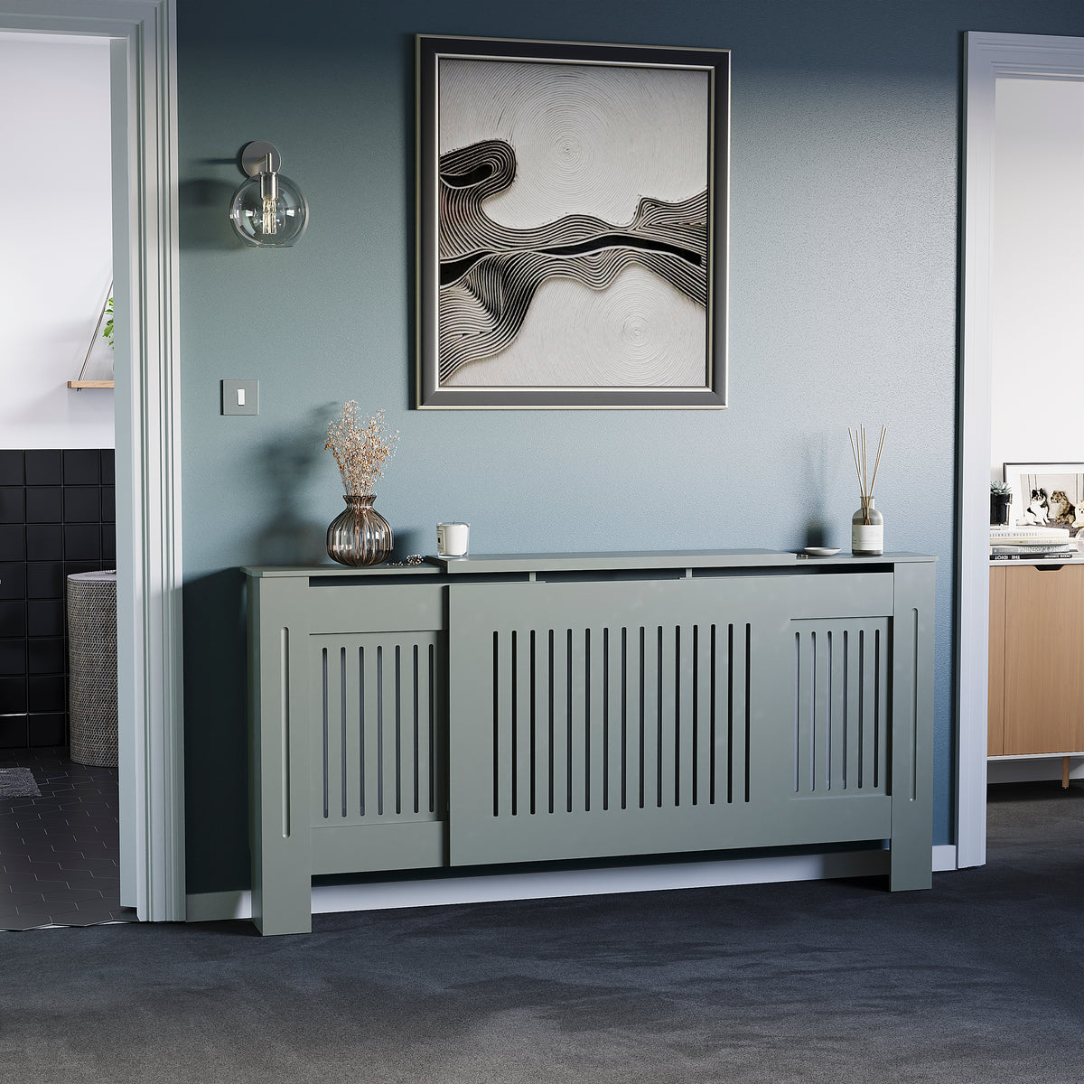 Adjustable Chelsea radiator cover in olive grey with a decorative slatted front.