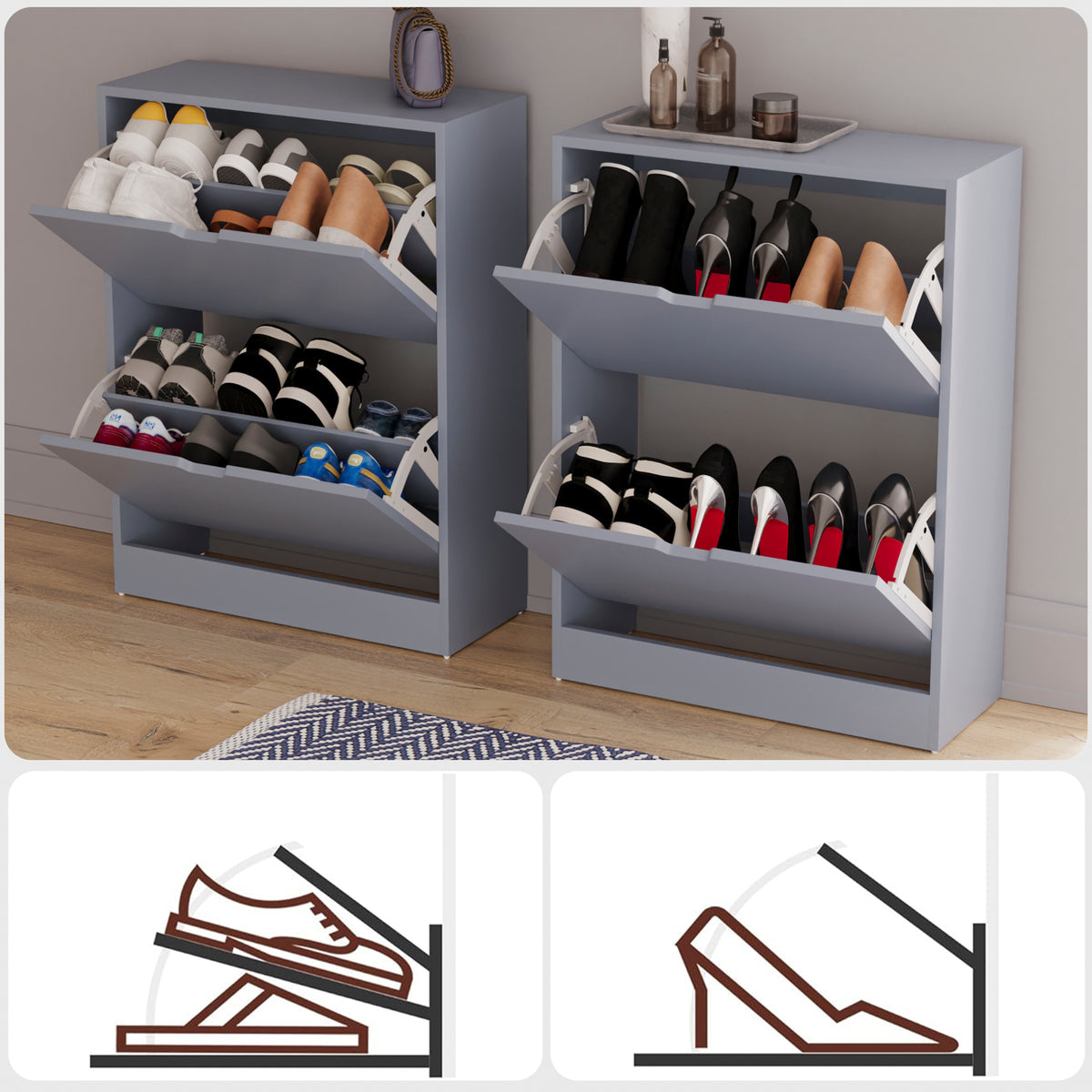 2-Drawer Shoe Cabinet, Grey