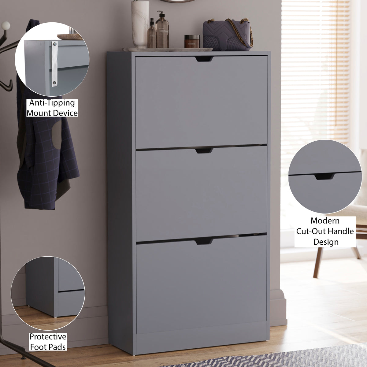 3-Drawer Shoe Cabinet - Grey