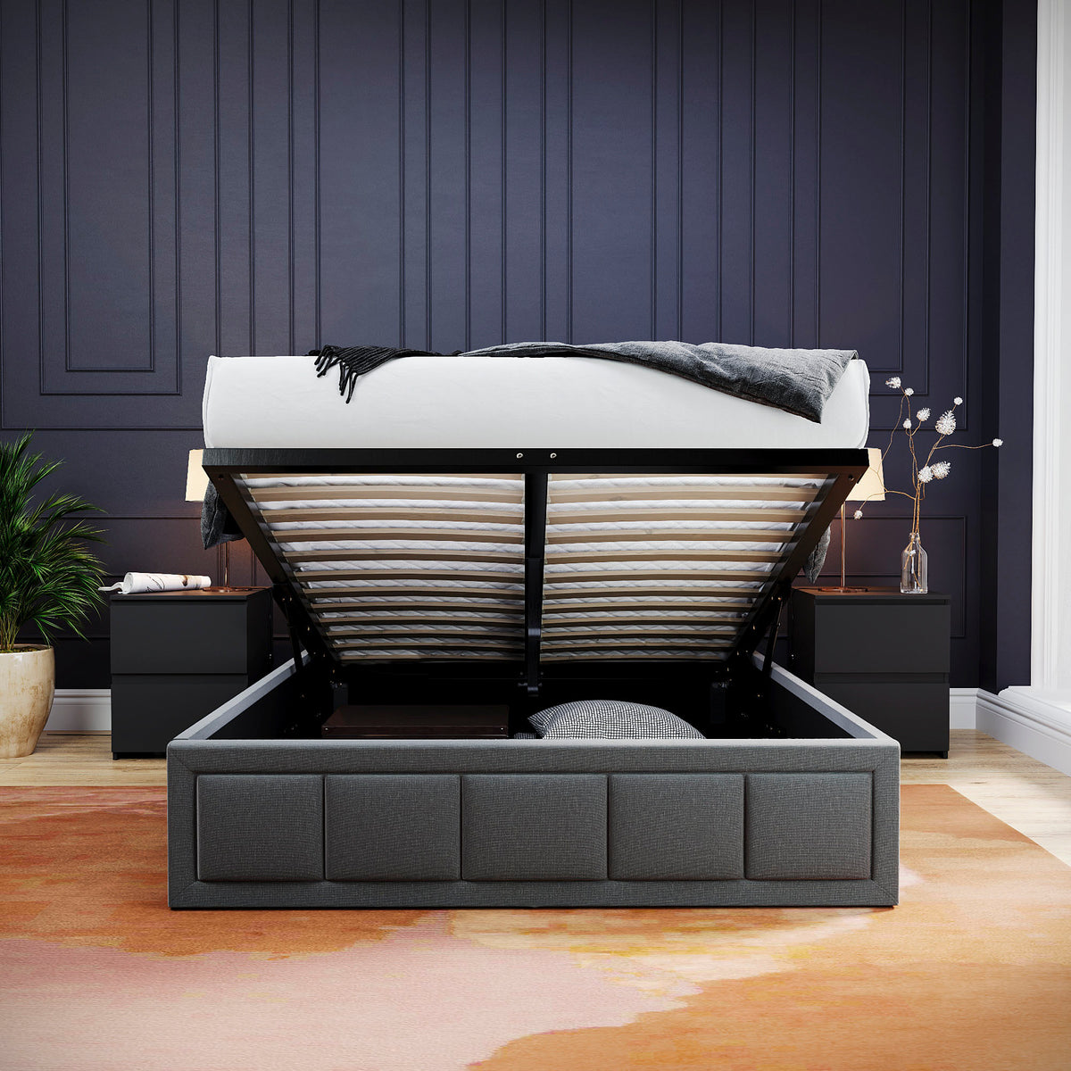 Vanita Double Fabric Ottoman Bed, Light Grey UKFR