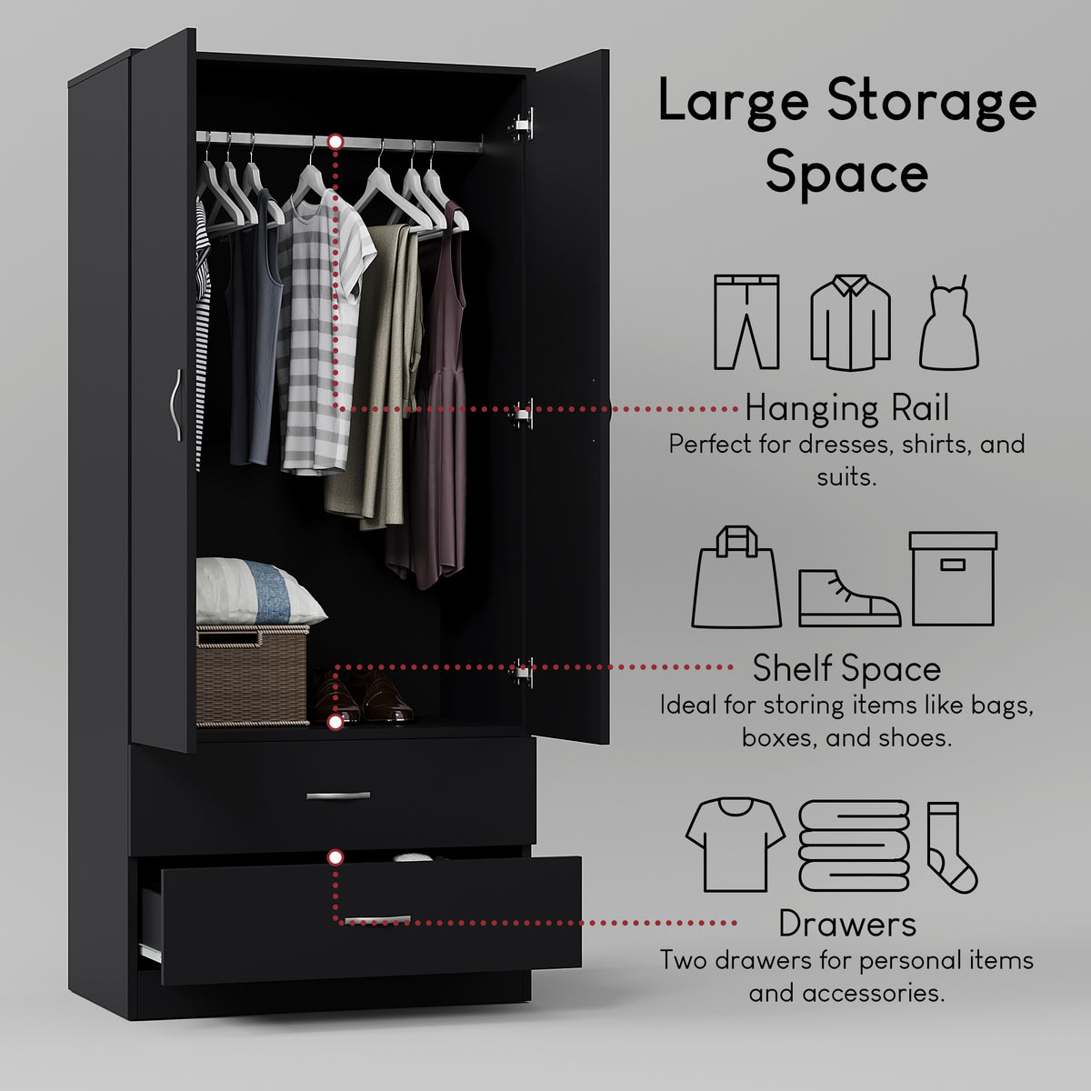 Riano 2 Door 2 Drawer Wardrobe for Bedroom Storage - Black