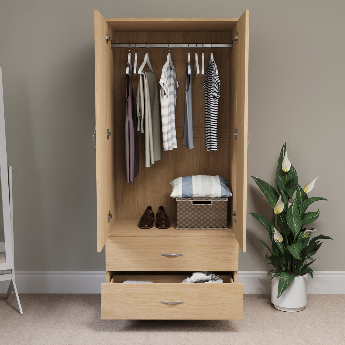 Riano 2 Door 2 Drawer Wardrobe for Bedroom Storage - Pine