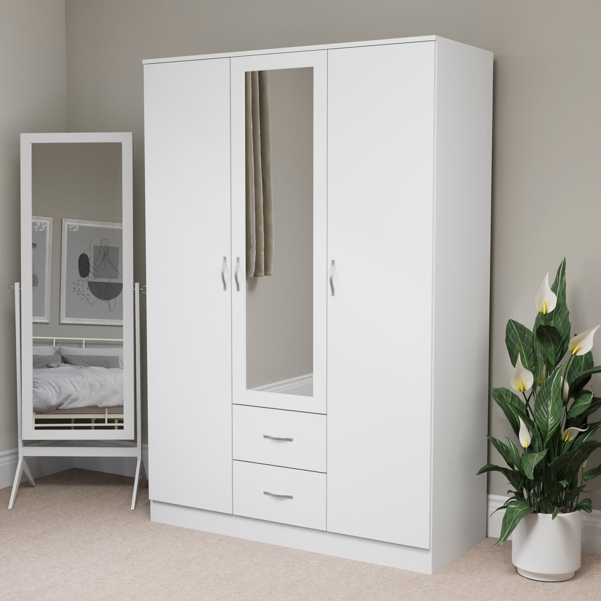 Riano 3 Door 2 Drawer Mirrored Wardrobe- White