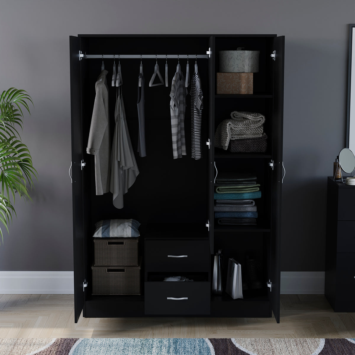 Riano 3 Door 2 Drawer Mirrored Wardrobe- Black