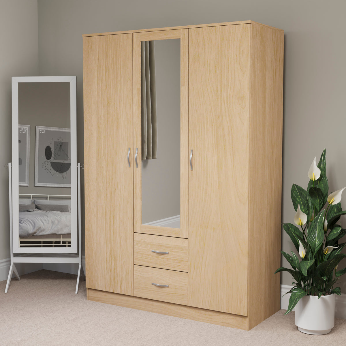 Riano 3 Door 2 Drawer Mirrored Wardrobe, Pine