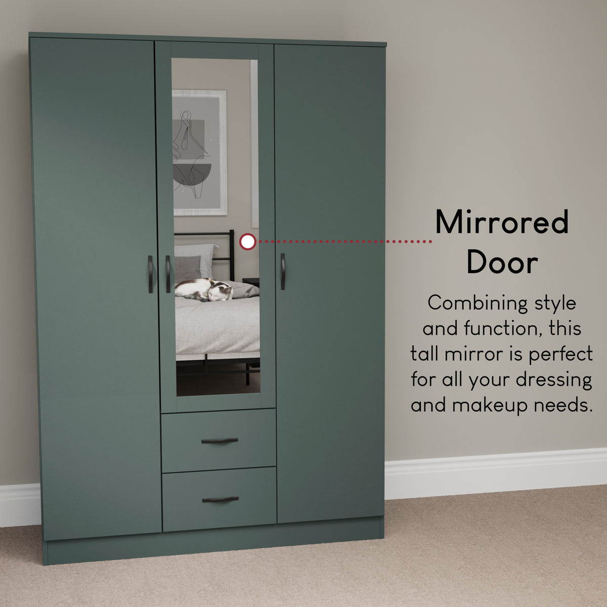 Riano 3 Door 2 Drawer Mirrored Wardrobe, Green