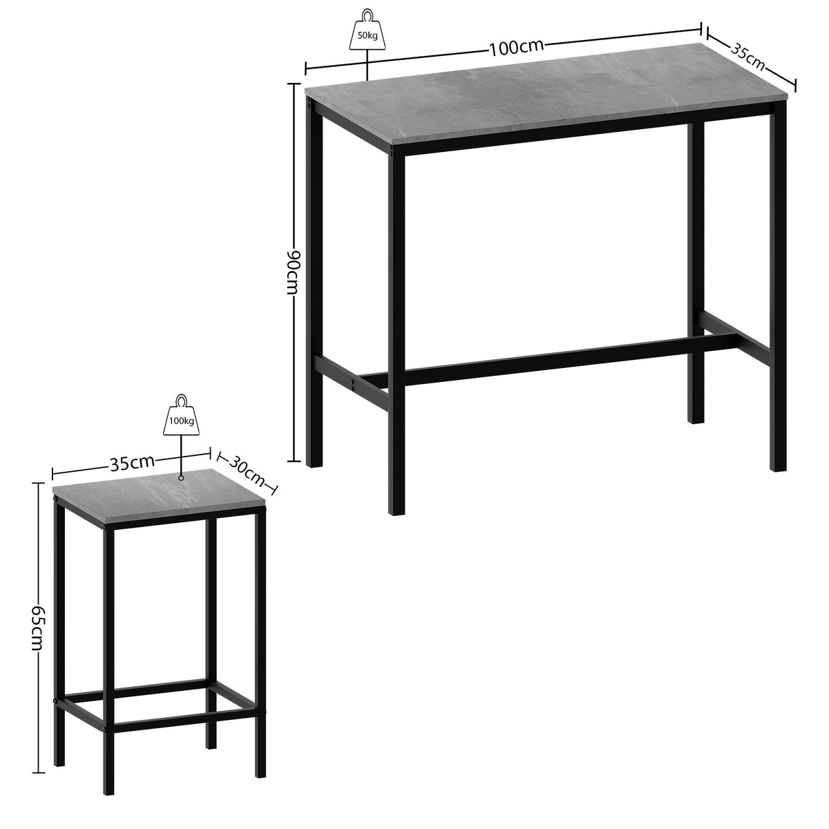 Roslyn 2 Seater Bar Table Set, Concrete Grey
