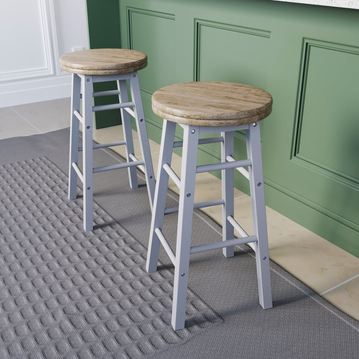 Wooden Revolving Bar Stool, White, Set Of 2