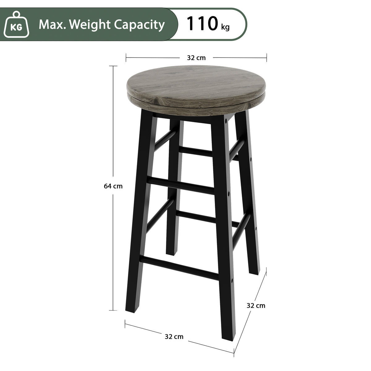 Wooden Revolving Bar Stool, Black