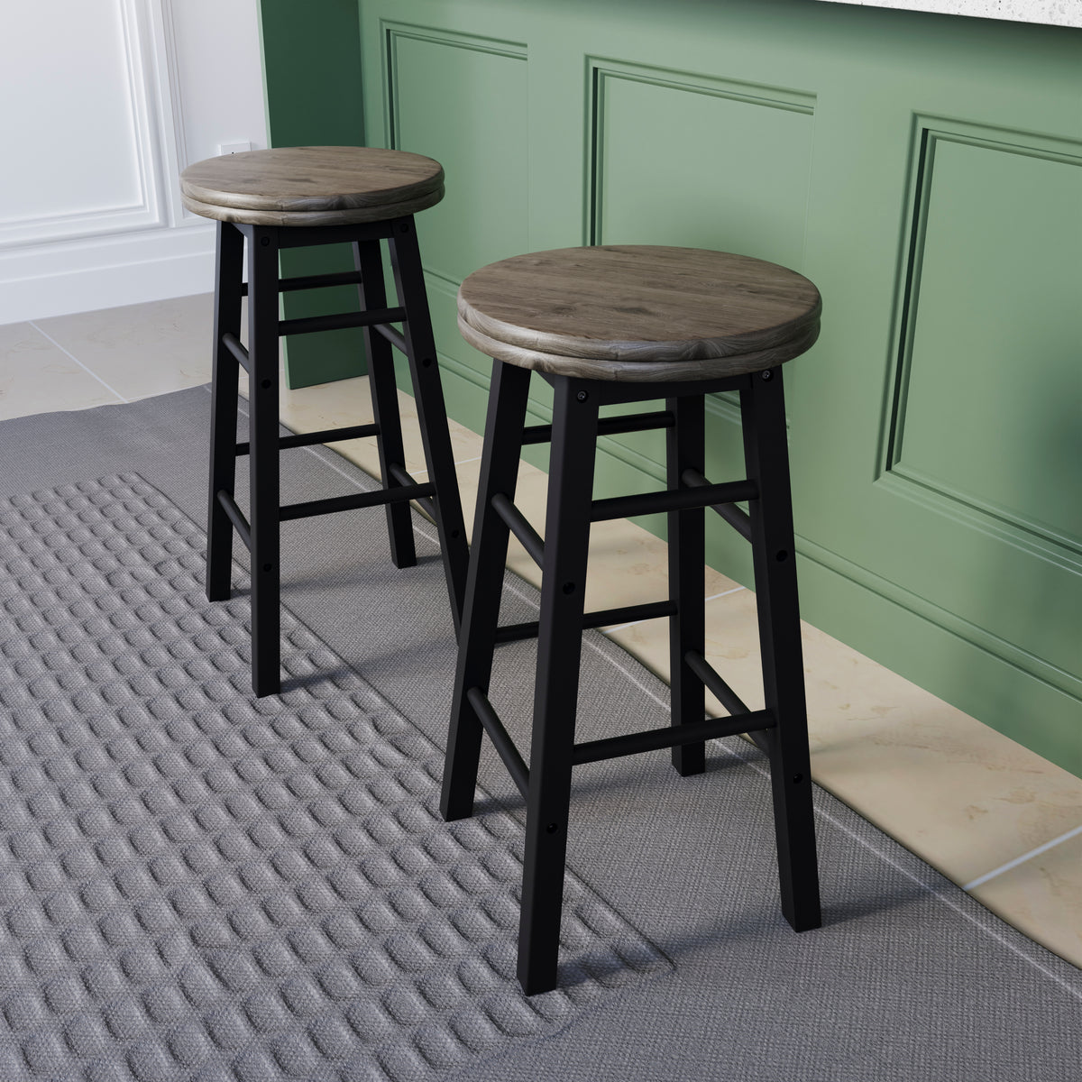 Wooden Revolving Bar Stool, Black, Set Of 2