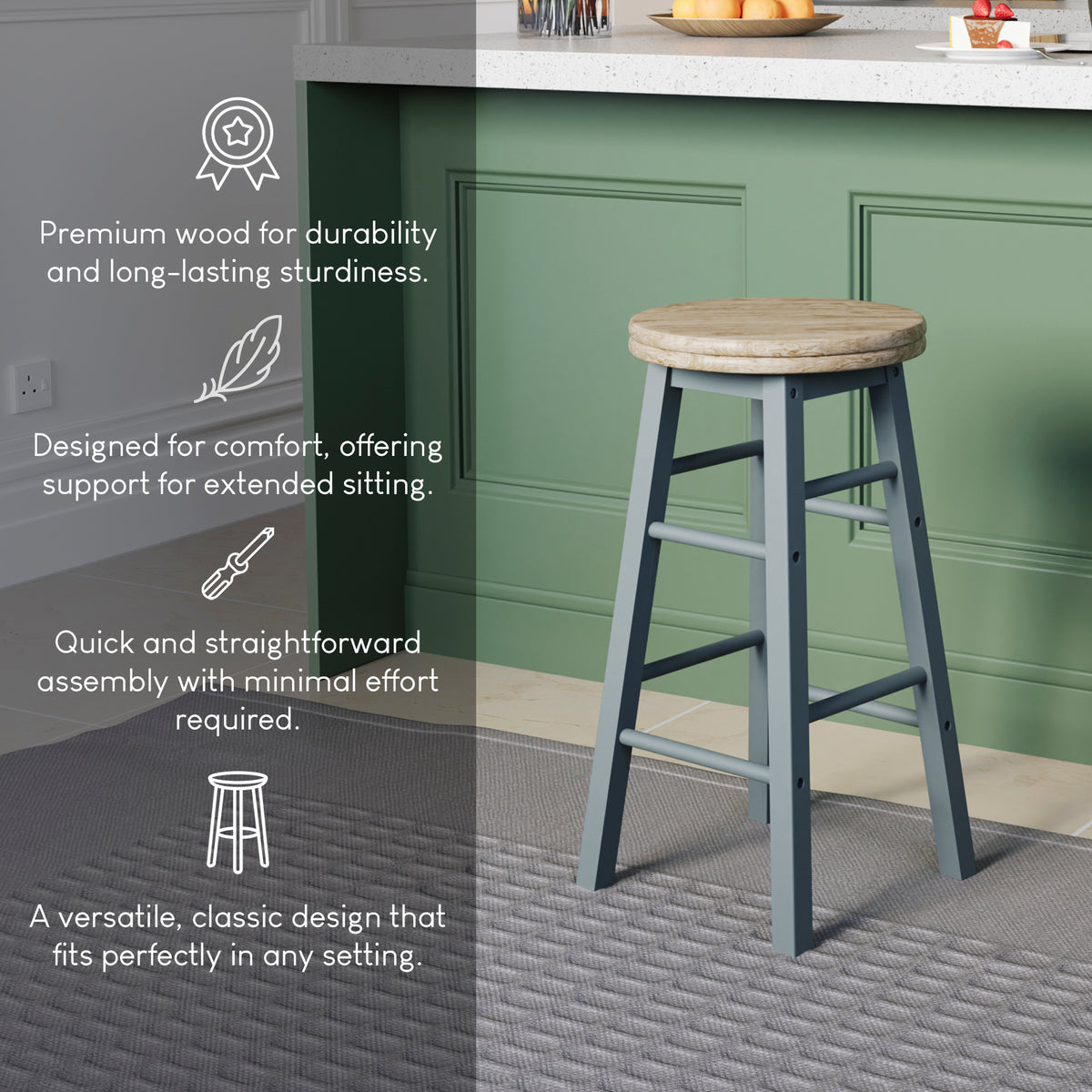 Wooden Revolving Bar Stool, Grey, Set Of 2