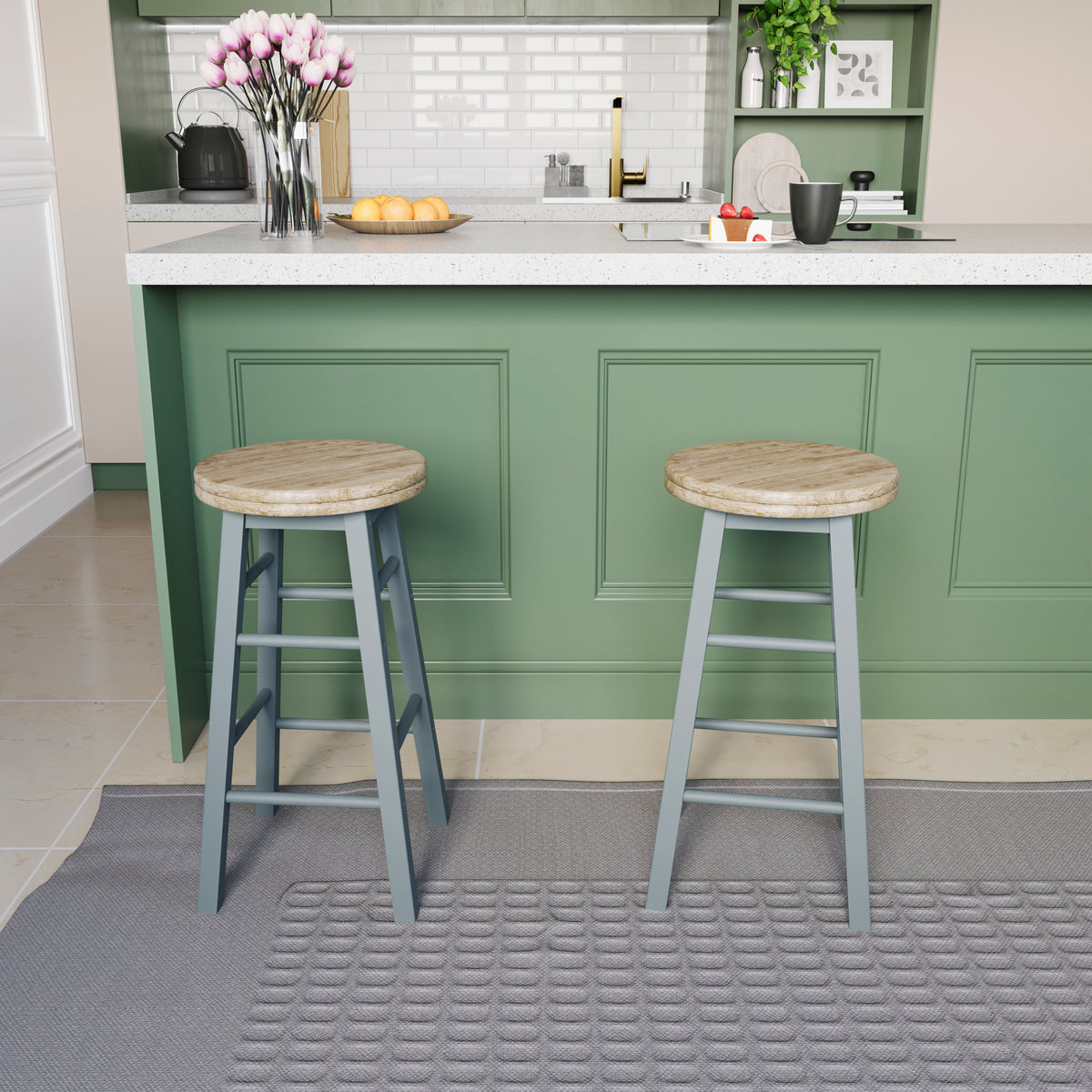 Wooden Revolving Bar Stool, Grey, Set Of 2