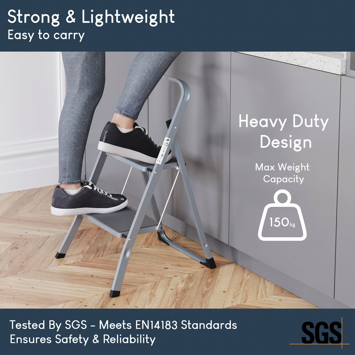 2 Step Ladder With Anti-Slip Mat, Grey