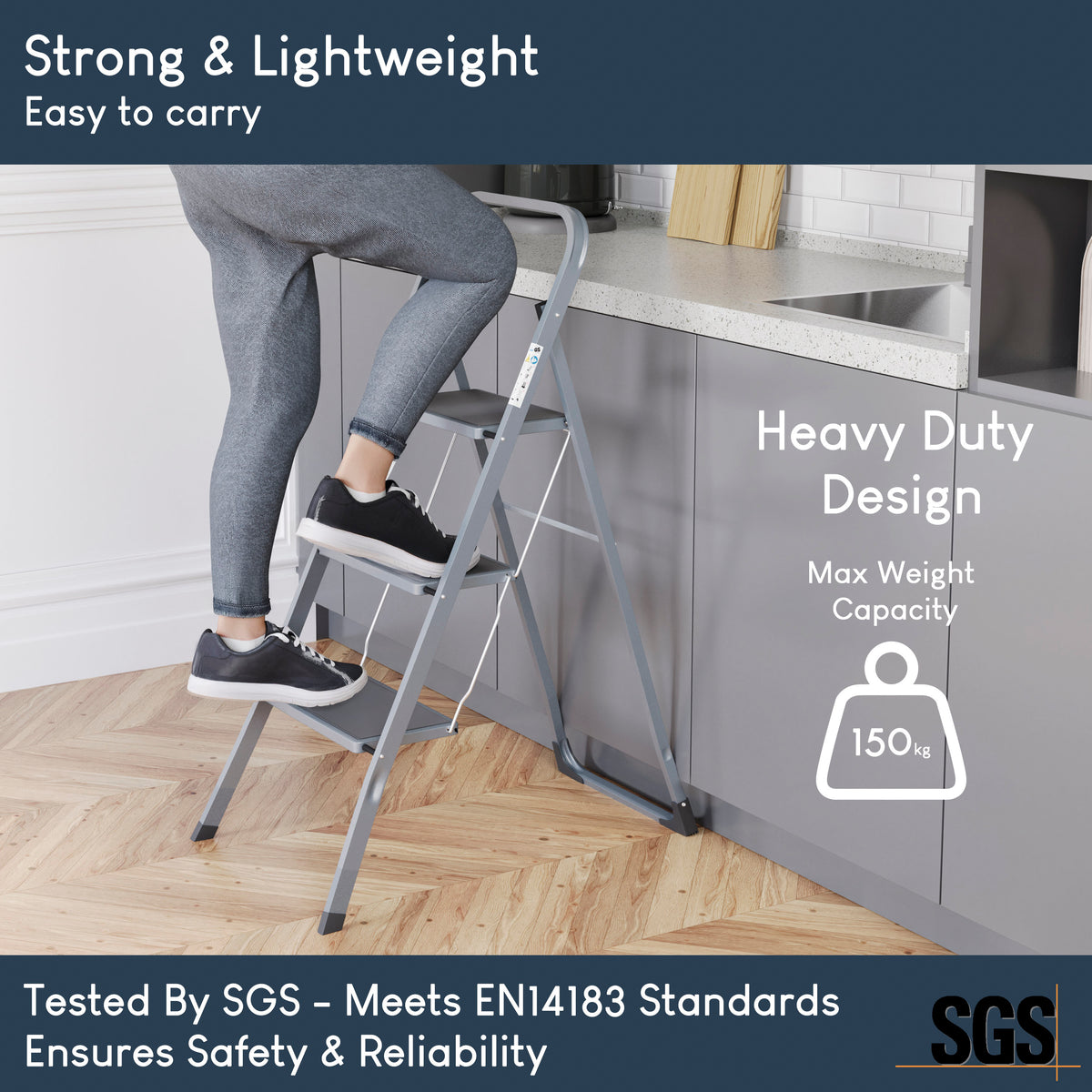 3 Step Ladder With Anti-Slip Mat, Grey