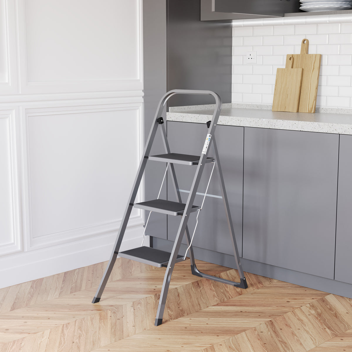 3 Step Ladder With Anti-Slip Mat, Grey