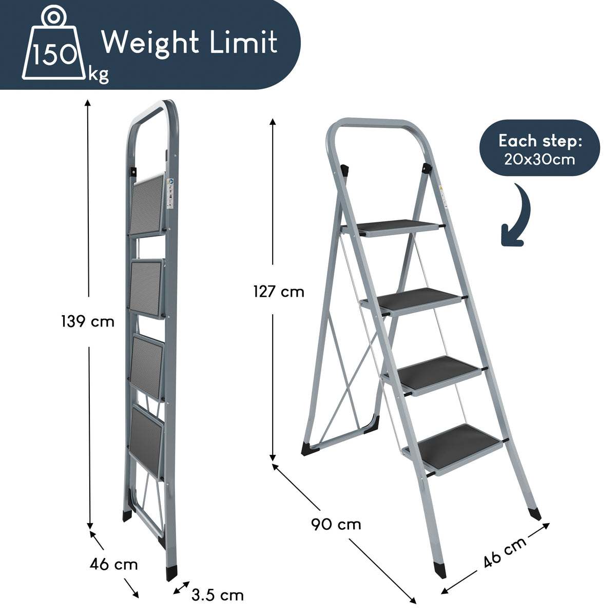 4 Step Ladder With Anti-Slip Mat, Grey