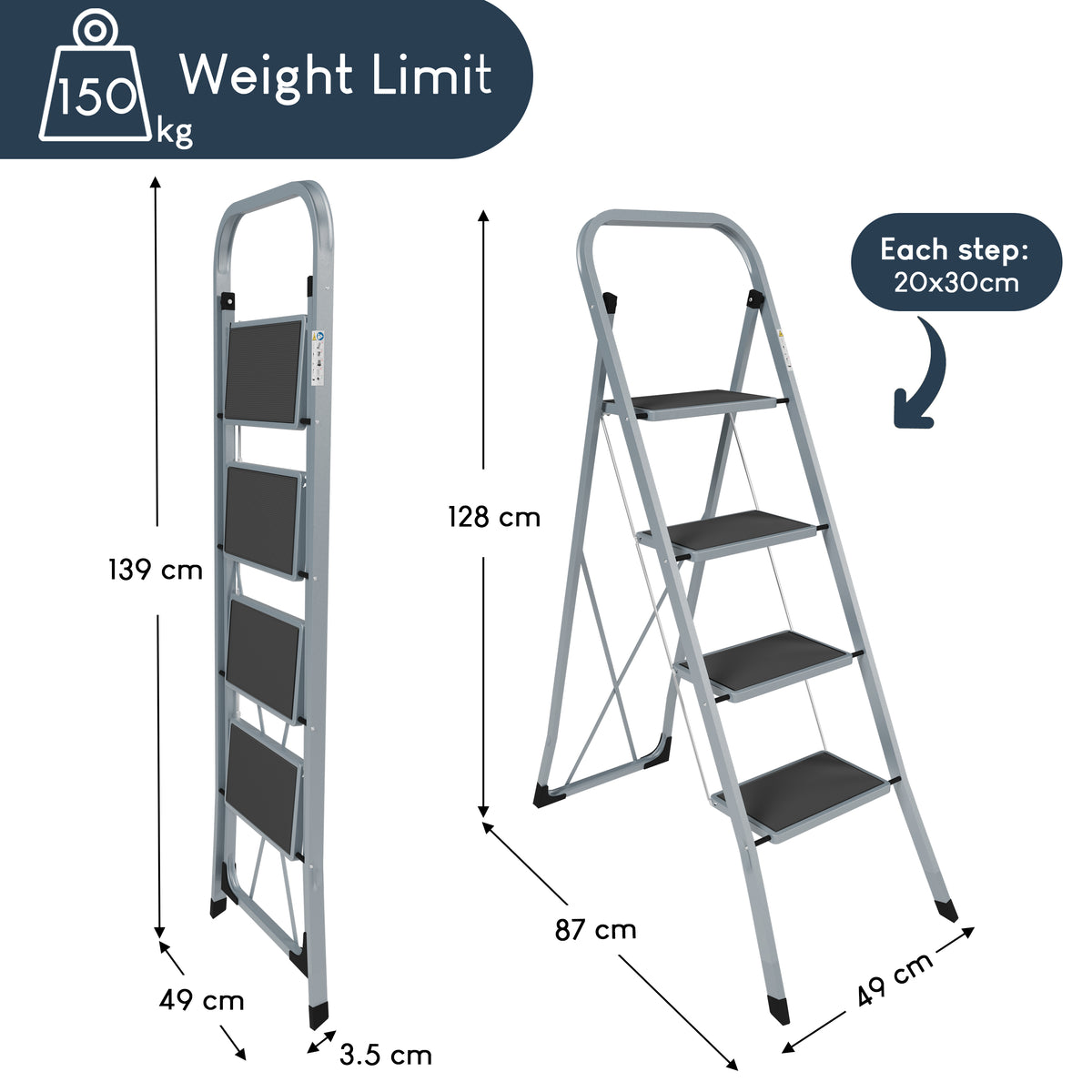 4 Step Ladder With Anti-Slip Mat, Grey