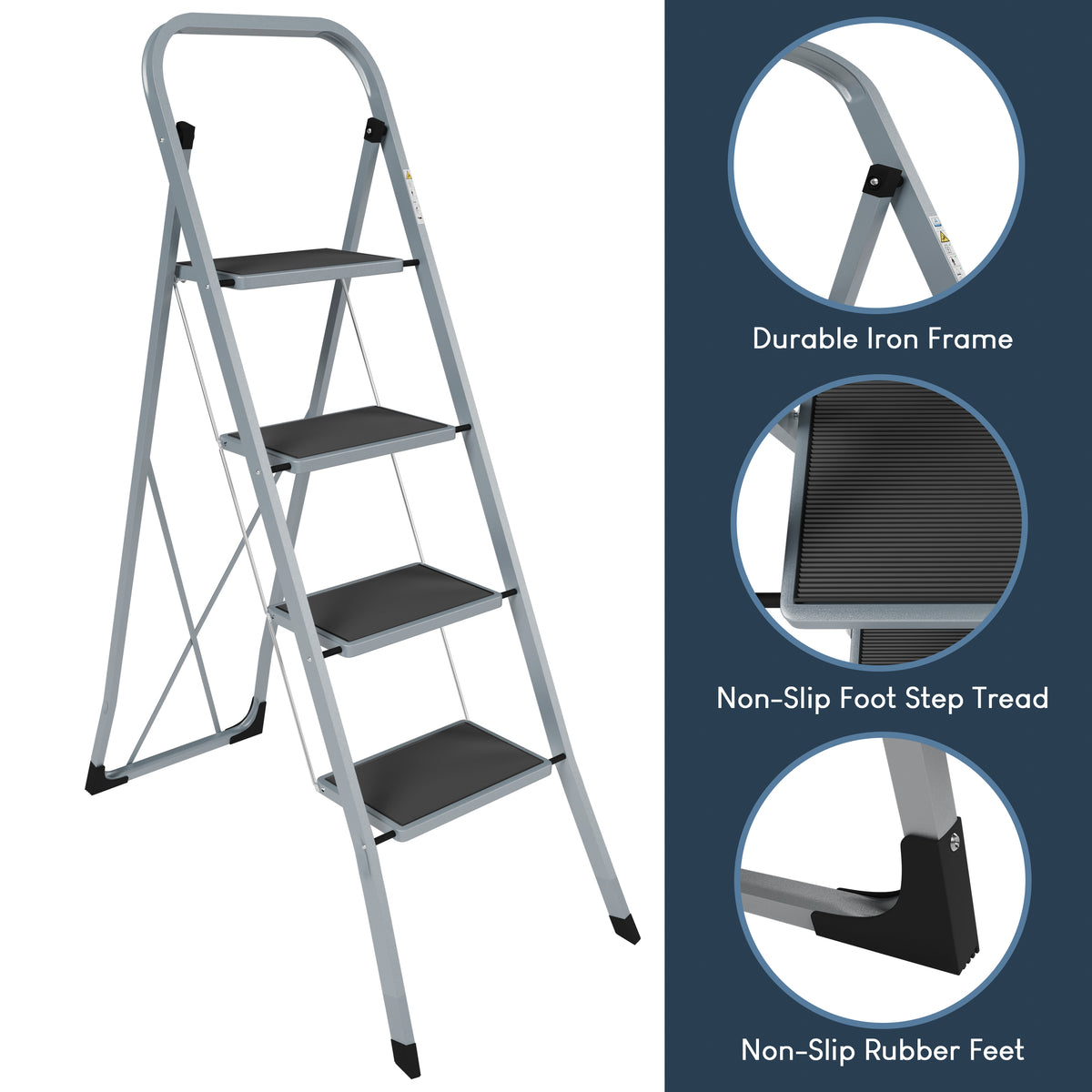 4 Step Ladder With Anti-Slip Mat, Grey