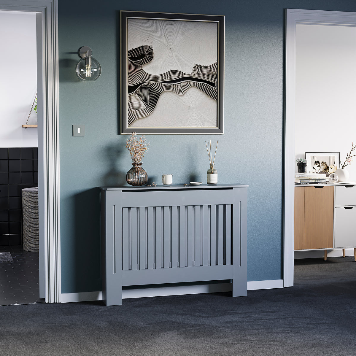 Medium Grey Chelsea radiator cover with decorative slatted front.