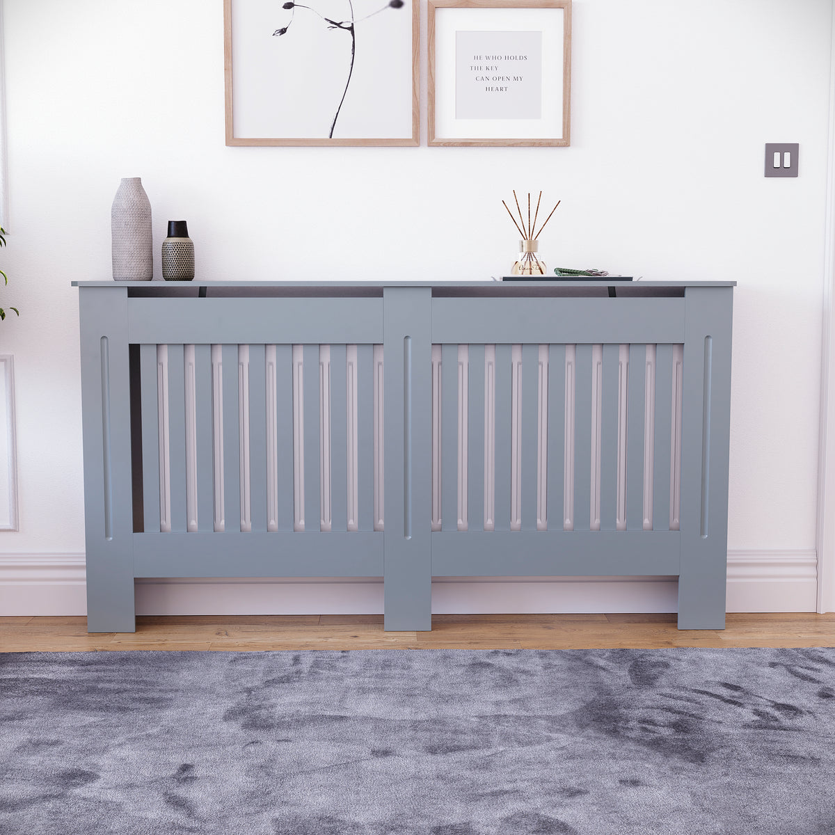 Large Grey Chelsea radiator cover with decorative slatted front.