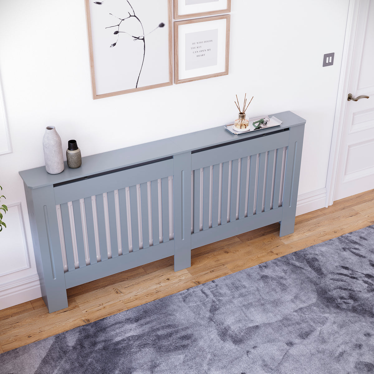 Extra Large Grey Chelsea radiator cover with decorative slatted front.