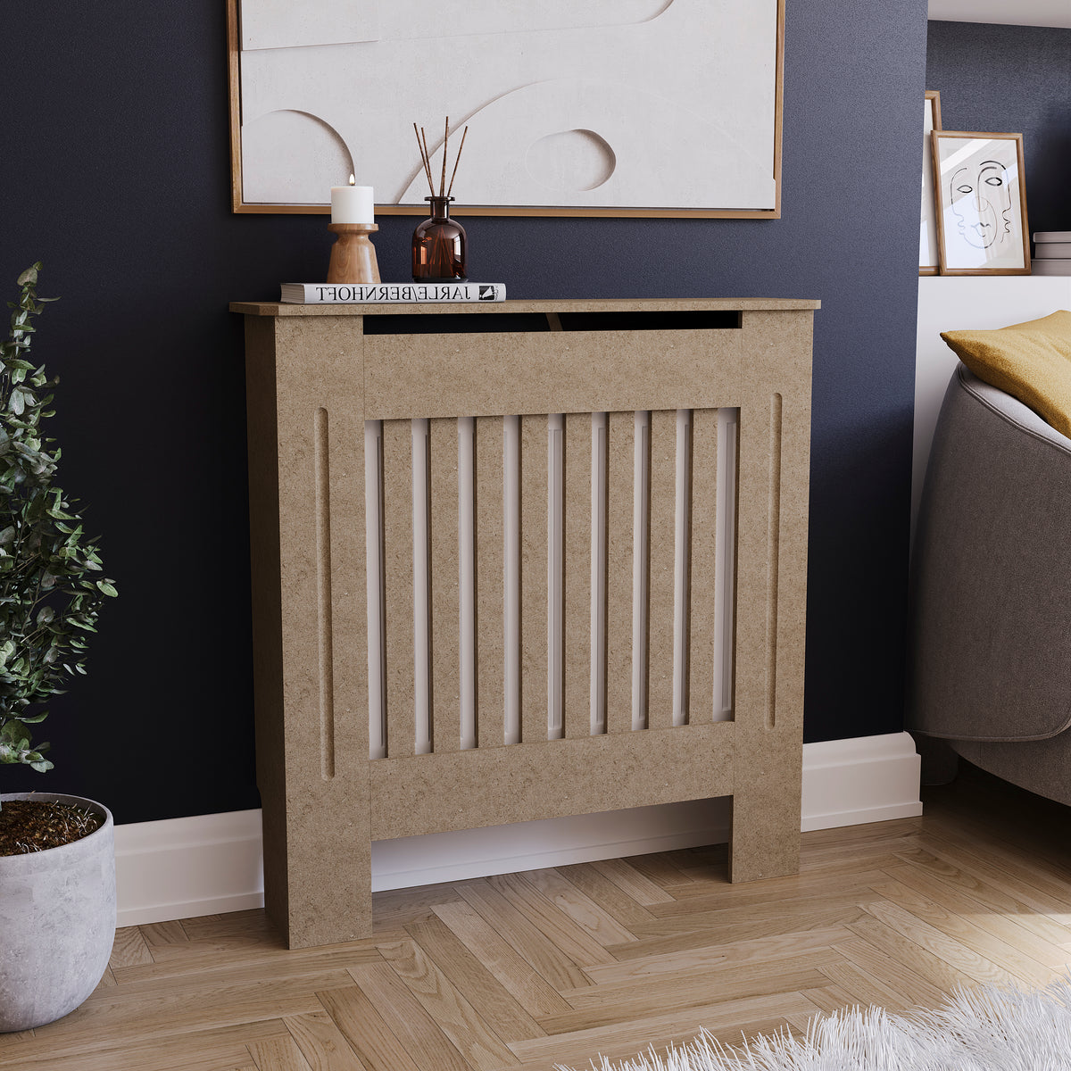 Small unfinished Chelsea radiator cover with decorative slatted front, ready to paint