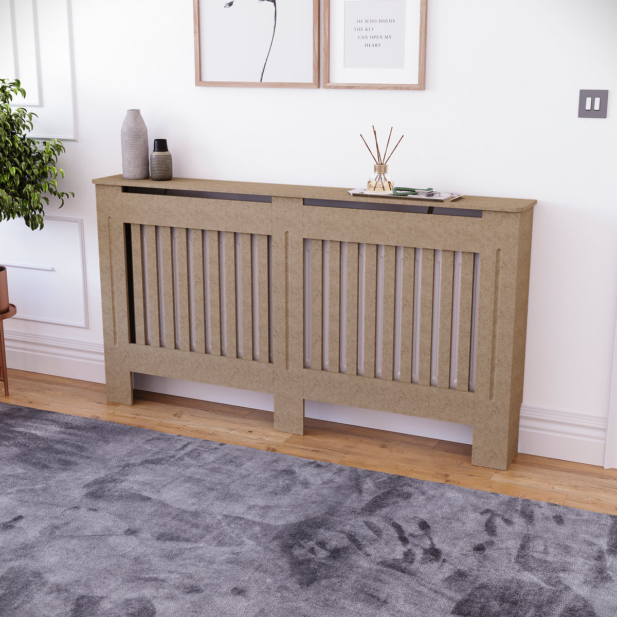 Large unfinished Chelsea radiator cover with decorative slatted front, ready to paint